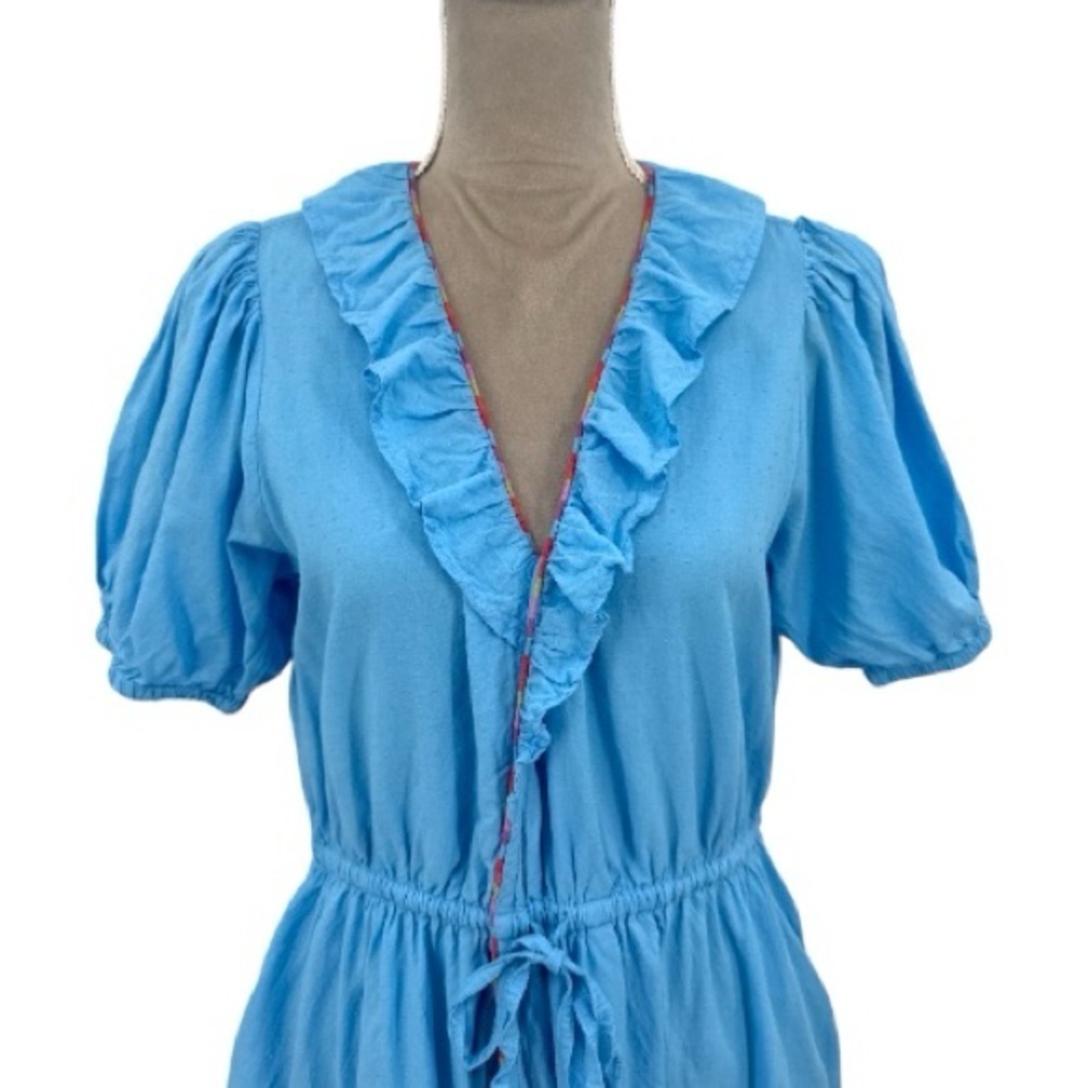 Roller Rabbit Blue Ruffle Wrap Dress Women’s Sz Large Short Sleeve Mini Pockets - Picture 5 of 14